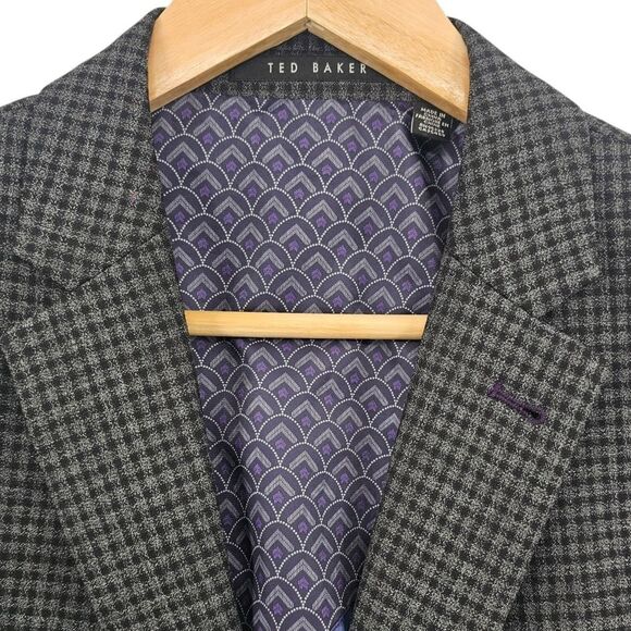 Ted Baker Mens 44L No Ordinary Joe Wool Black Gray Plaid Suit Coat NWOT - Picture 2 of 15